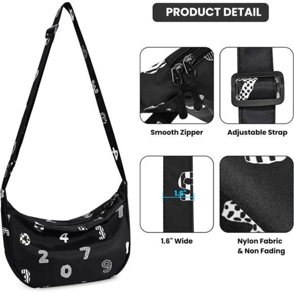 Mini Crescent Bag with Adjustable Strap, 2 Zippers Lightweight Nylon Bag - Black - Picture 3 of 6